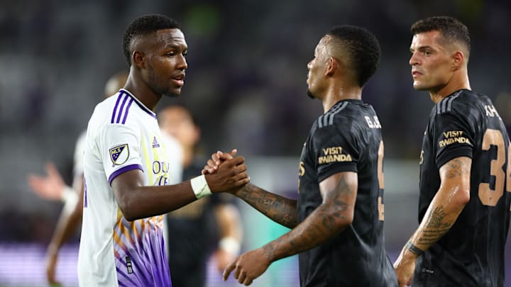Jul 20, 2022; Orlando, FL, USA; Orlando City midfielder Andres Perea (21) and Arsenal forward