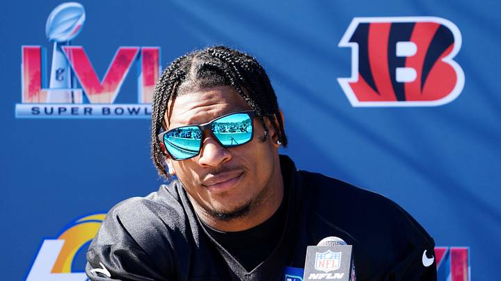 Cincinnati Bengals wide receiver Ja'Marr Chase (1) answers questions from the press during in-person availability, Friday, Feb. 11, 2022, at Drake Stadium on the UCLA campus in Los Angeles. The Cincinnati Bengals are set to face off against the Los Angeles Rams in Super Bowl 56.