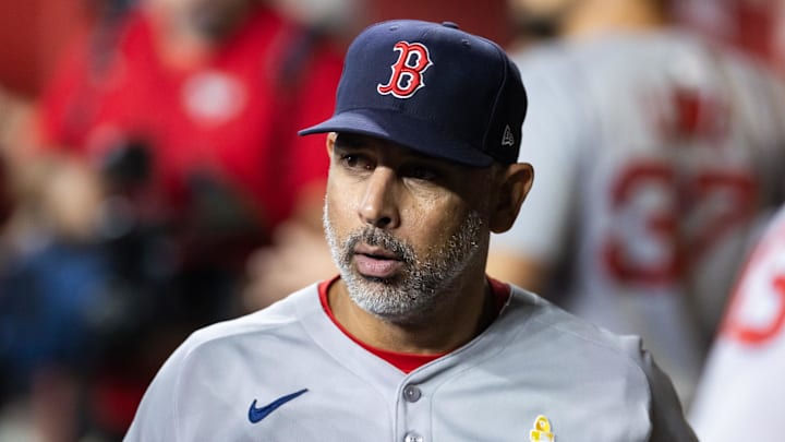 Sep 7, 2025; Phoenix, Arizona, USA; Boston Red Sox manager Alex Cora against the Arizona Diamondbacks at Chase Field. Mandatory Credit: Mark J. Rebilas-Imagn Images Sep 7, 2025; Phoenix, Arizona, USA; Boston Red Sox manager Alex Cora against the Arizona Diamondbacks at Chase Field. Mandatory Credit: Mark J. Rebilas-Imagn Images