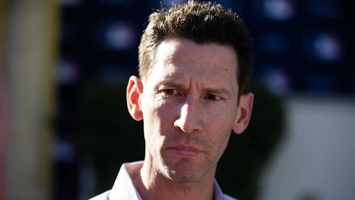 Nov 7, 2023; Scottsdale, AZ, USA; Boston Red Six chief baseball officer Craig Breslow speaks to the media during the MLB General Manager's Meetings at Omni Scottsdale Resort & Spa. Mandatory Credit: Mark J. Rebilas-Imagn Images