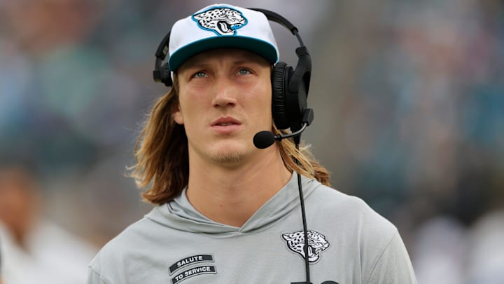 Jacksonville Jaguars quarterback Trevor Lawrence (16) walks on the sideline during the fourth quarter of an NFL football matchup Sunday, Nov. 10, 2024 at Everbank Stadium in Jacksonville, Fla. The Vikings defeated the Jaguars 12-7. [Corey Perrine/Florida Times-Union]