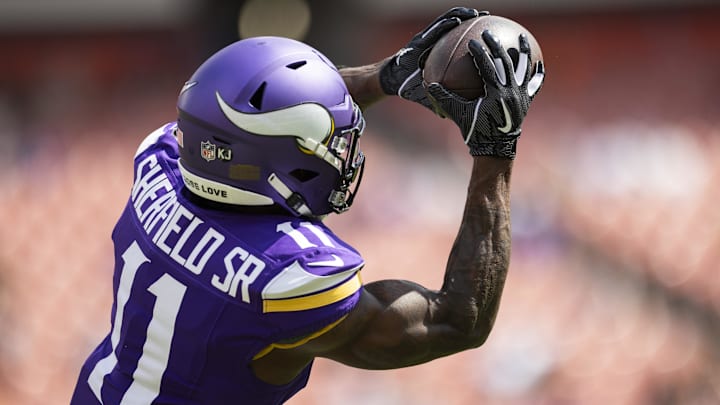 Aug 17, 2024; Cleveland, Ohio, USA; Minnesota Vikings wide receiver Trent Sherfield Sr. (11) catches the ball during warm ups before the game against the Cleveland Browns at Cleveland Browns Stadium. Aug 17, 2024; Cleveland, Ohio, USA; Minnesota Vikings wide receiver Trent Sherfield Sr. (11) catches the ball during warm ups before the game against the Cleveland Browns at Cleveland Browns Stadium.