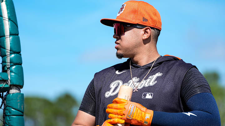 Detroit Tigers catcher Thayron Liranzo walks out of batting cage after practice during spring training at TigerTown in Lakeland, Fla. on Saturday, Feb. 15, 2025.