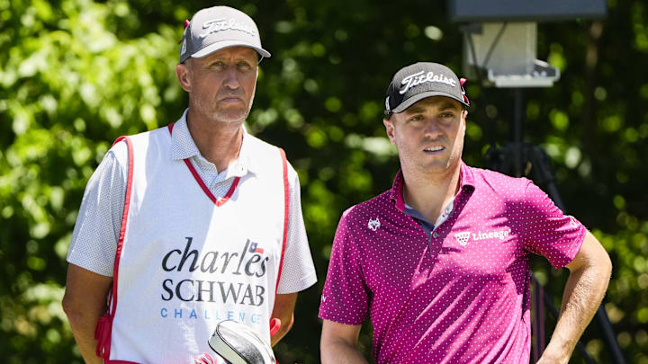 Justin Thomas (right) and caddie Jim Mackay are pictured at the 2022 Charles Schwab Challenge.