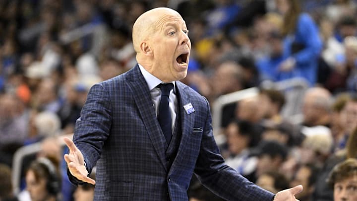 Jan 30, 2025; Los Angeles, California, USA;  UCLA Bruins head coach Mick Cronin reacts during the second half against the Oregon Ducks at Pauley Pavilion presented by Wescom. Mandatory Credit: Alex Gallardo-Imagn Images