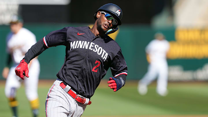 Jul 15, 2023; Oakland, California, USA; Minnesota Twins center fielder Michael A. Taylor (2) rounds