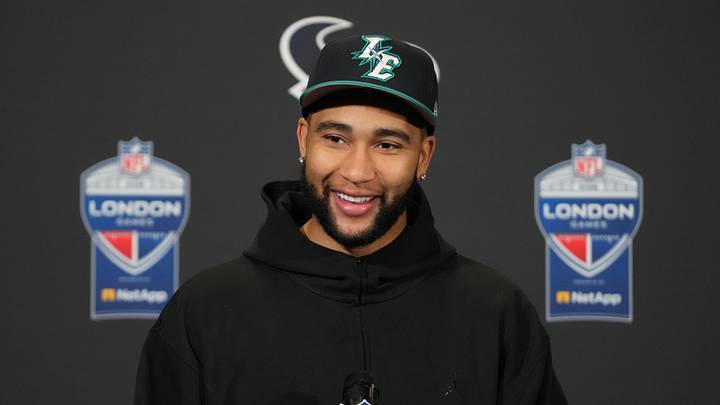 Oct 18, 2026; London, United Kingdom; Houston Texans quarterback C.J. Stroud (7) at press conference during the 2026 NFL London Games at Wembley Stadium. Mandatory Credit: Kirby Lee-Imagn Images Oct 18, 2026; London, United Kingdom; Houston Texans quarterback C.J. Stroud (7) at press conference during the 2026 NFL London Games at Wembley Stadium. Mandatory Credit: Kirby Lee-Imagn Images