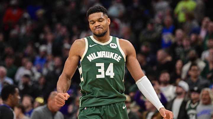 Nov 1, 2025; Milwaukee, Wisconsin, USA; Milwaukee Bucks forward Giannis Antetokounmpo (34) reacts after missing a shot late in the fourth quarter against the Sacramento Kings at Fiserv Forum. Mandatory Credit: Benny Sieu-Imagn Images