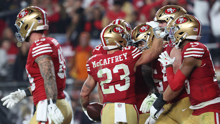 San Francisco 49ers running back Christian McCaffrey celebrates a touchdown against the Carolina Panthers San Francisco 49ers running back Christian McCaffrey celebrates a touchdown against the Carolina Panthers
