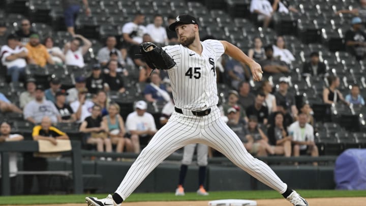 Jun 19, 2024; Chicago, Illinois, USA;  Chicago White Sox pitcher Garrett Crochet (45) delivers during the first inning against the Houston Astros at Guaranteed Rate Field. Mandatory Credit: Matt Marton-USA TODAY Sports