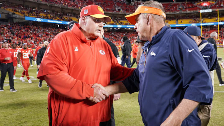 Oct 12, 2023; Kansas City, Missouri, USA; Kansas City Chiefs head coach Andy Reid shakes hands with Denver Broncos head coach Sean Payton after the game at GEHA Field at Arrowhead Stadium. Mandatory Credit: Denny Medley-Imagn Images