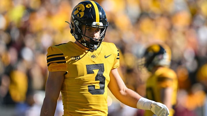 Oct 21, 2023; Iowa City, Iowa, USA; Iowa Hawkeyes defensive back Cooper DeJean (3)