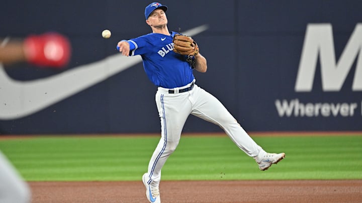 Aug 26, 2023; Toronto, Ontario, CAN;  Toronto Blue Jays third baseman Matt Chapman (26) throws to