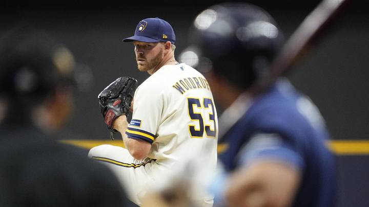 Mar 31, 2026; Milwaukee, Wisconsin, USA; Milwaukee Brewers pitcher Brandon Woodruff (53) delivers a pitch against the Tampa Bay Rays in the first inning at American Family Field. Mandatory Credit: Michael McLoone-Imagn Images