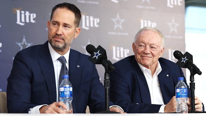 Jan 27, 2025; Frisco, TX, USA;   Dallas Cowboys Head Coach Brian Schottenheimer and owner Jerry Jones speak to the media at a press conference at the Star.  Mandatory Credit: Tim Heitman-Imagn Images