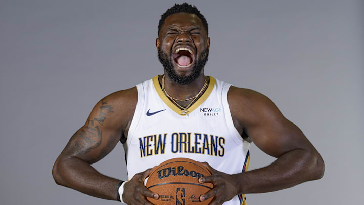 Sep 30, 2024; New Orleans, LA, USA; New Orleans Pelicans forward Zion Williamson (1) takes part in Pelicans Media Day at the Smoothie King Center. Sep 30, 2024; New Orleans, LA, USA; New Orleans Pelicans forward Zion Williamson (1) takes part in Pelicans Media Day at the Smoothie King Center.