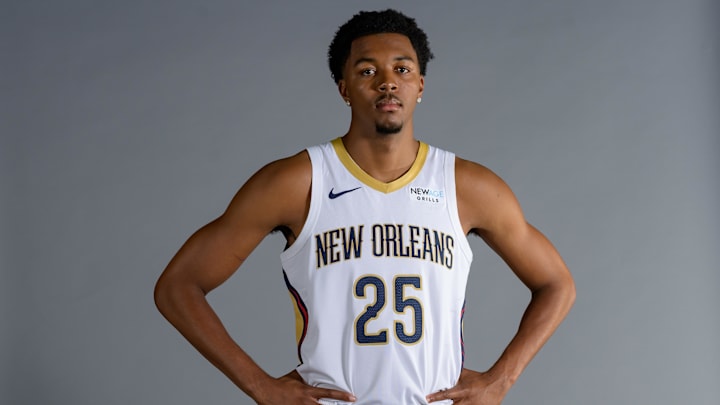 Sep 30, 2024; New Orleans, LA, USA; New Orleans Pelicans guard/forward Trey Murphy III (25) takes part in Pelicans Media Day.