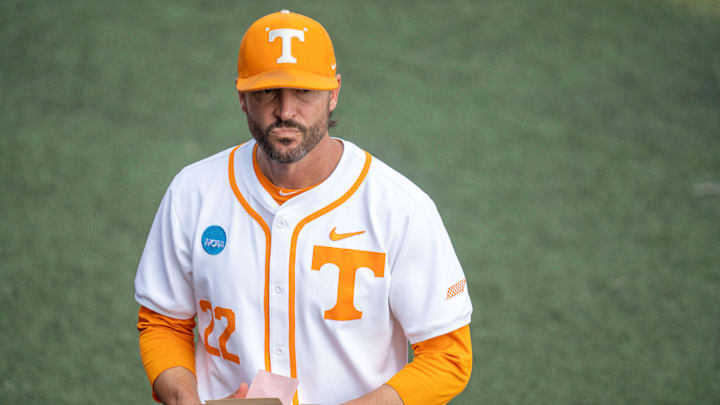 Tennessee baseball coach Tony Vitello goes to the dugout after the officials meeting for the NCAA college baseball Knoxville Regional final against Wake Forest on June 2, 2025, in Knoxville, Tenn. Tennessee baseball coach Tony Vitello goes to the dugout after the officials meeting for the NCAA college baseball Knoxville Regional final against Wake Forest on June 2, 2025, in Knoxville, Tenn.