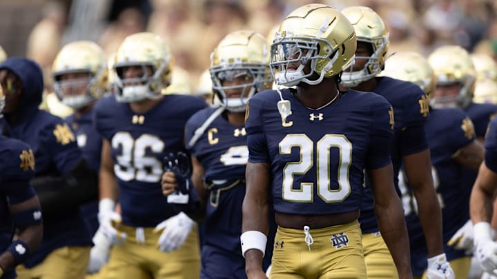 Notre Dame corner back Benjamin Morrison (20) walks with his team during warm ups before a NCAA college football game between Notre Dame and Northern Illinois at Notre Dame Stadium on Saturday, Sept. 7, 2024, in South Bend.
