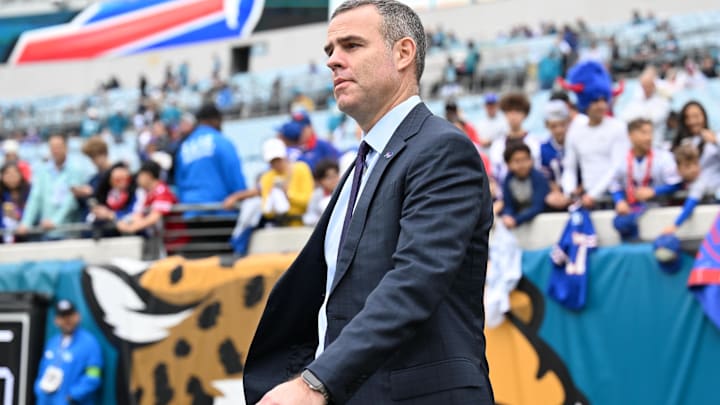 Jan 11, 2026; Jacksonville, FL, USA; Buffalo Bills general manager Brandon Beane before an an AFC Wild Card Round game against the Jacksonville Jaguars at EverBank Stadium. Mandatory Credit: Melina Myers-Imagn Images