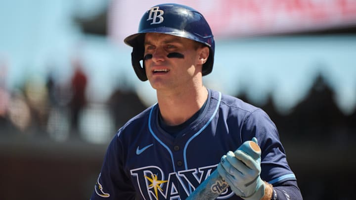 Aug 17, 2025; San Francisco, California, USA; Tampa Bay Rays right fielder Jake Mangum (28) bats against the San Francisco Giants during the seventh inning at Oracle Park. Mandatory Credit: Robert Edwards-Imagn Images