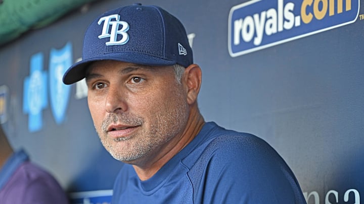 Jun 24, 2025; Kansas City, Missouri, USA;  Tampa Bay Rays manager Kevin Cash (16) talks with the media before a game against the Kansas City Royals at Kauffman Stadium.