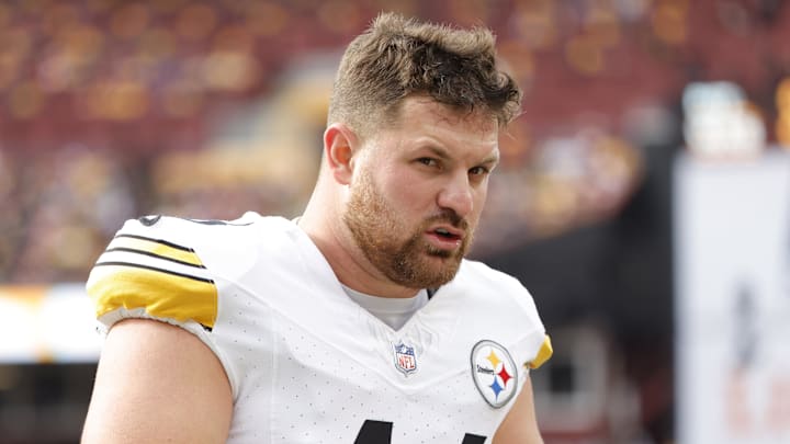 Nov 10, 2024; Landover, Maryland, USA; Pittsburgh Steelers long snapper Christian Kuntz (46) looks on from the sidelines during the first half against the Washington Commanders at Northwest Stadium. Mandatory Credit: Amber Searls-Imagn Images