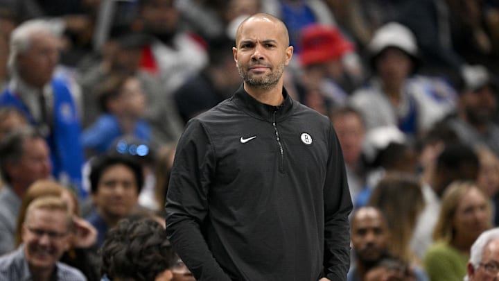 Mar 31, 2025; Dallas, Texas, USA; Brooklyn Nets head coach Jordi Fernandez during the game between the Dallas Mavericks and the Brooklyn Nets at the American Airlines Center. Mandatory Credit: Jerome Miron-Imagn Images