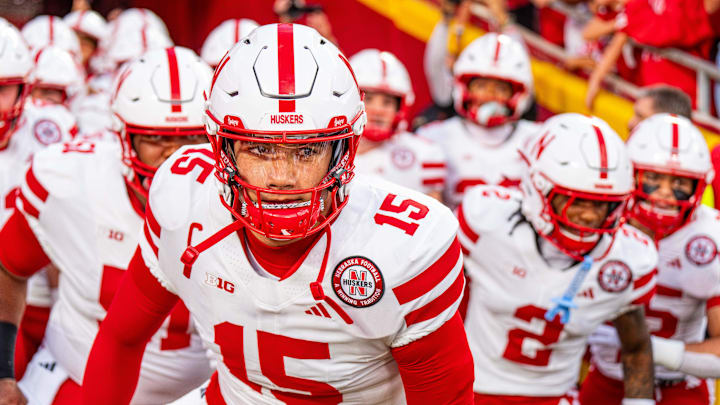 Aug 28, 2025; Nebraska Cornhuskers quarterback Dylan Raiola (15) leads the team onto field during warmups before the game against the Cincinnati Bearcats at GEHA Field at Arrowhead Stadium.
