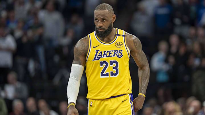 Apr 25, 2025; Minneapolis, Minnesota, USA; Los Angeles Lakers forward LeBron James (23) looks on against the Minnesota Timberwolves in the second half during game three of first round for the 2024 NBA Playoffs at Target Center. Mandatory Credit: Jesse Johnson-Imagn Images