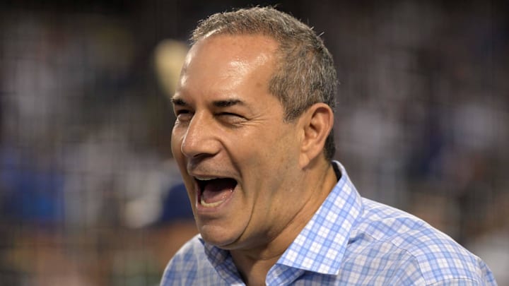 May 9, 2018; Los Angeles, CA, USA; Los Angeles Dodgers executive vice president and chief marketing officer Lon Rosen reacts during a MLB baseball game against the Los Angeles Dodgers at Dodger Stadium. Mandatory Credit: Kirby Lee-Imagn Images