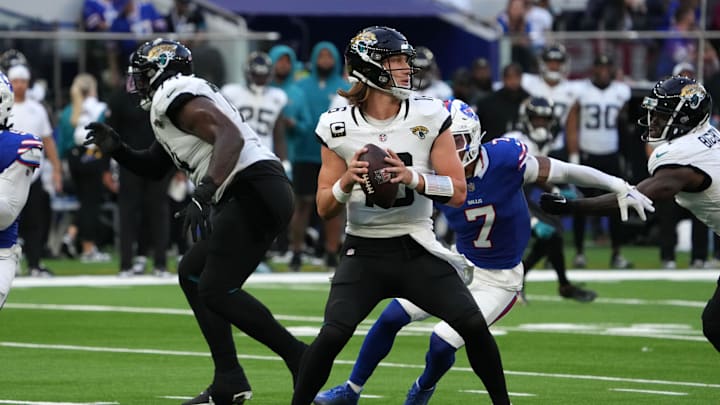 Oct 8, 2023; London United Kingdom; Jacksonville Jaguars quarterback Trevor Lawrence (16).