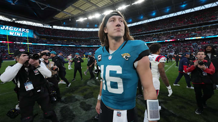 Oct 20, 2024; London, United Kingdom; Jacksonville Jaguars quarterback Trevor Lawrence (16) reacts after an NFL International Series game against the New England Patriots at Wembley Stadium. Mandatory Credit: Kirby Lee-Imagn Images Oct 20, 2024; London, United Kingdom; Jacksonville Jaguars quarterback Trevor Lawrence (16) reacts after an NFL International Series game against the New England Patriots at Wembley Stadium. Mandatory Credit: Kirby Lee-Imagn Images