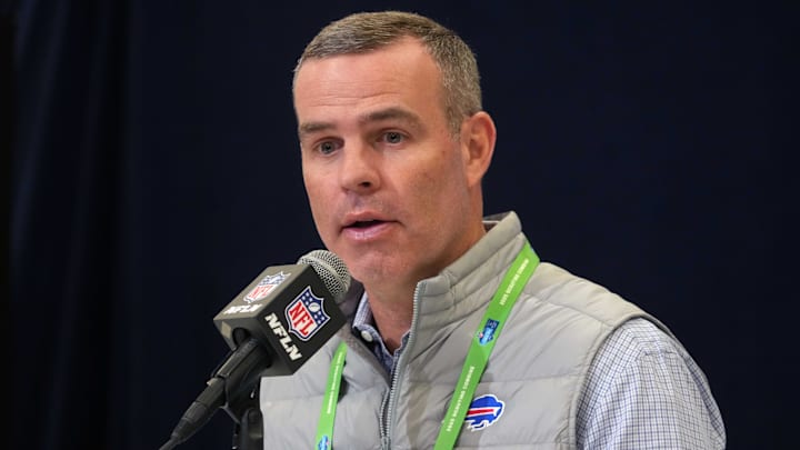 Feb 25, 2025; Indianapolis, IN, USA; Buffalo Bills general manager Brandon Beane speaks during the NFL Scouting Combine.