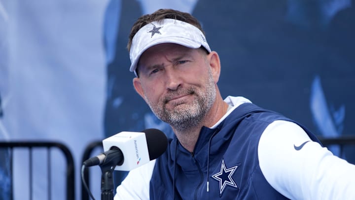 Dallas Cowboys coach Brian Schottenheimer during training camp press conference at the River Ridge Fields. Dallas Cowboys coach Brian Schottenheimer during training camp press conference at the River Ridge Fields.