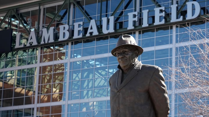 Apr 23, 2025; Green Bay, WI, USA; A statue of Vince Lombardi at Lambeau Field. 
