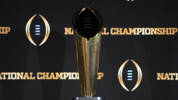 Jan 19, 2025; Atlanta, GA, USA; The College Football Playoff National Championship trophy at a press conference at The Westin Peachtree Plaza, Savannah Ballroom. Mandatory Credit: Kirby Lee-Imagn Images