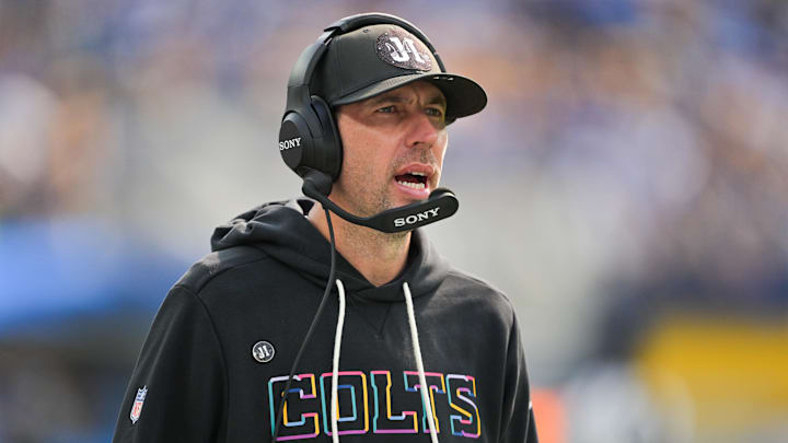 Oct 19, 2025; Inglewood, California, USA; Indianapolis Colts head coach Shane Steichen reacts in the first half against the Los Angeles Chargers at SoFi Stadium. Oct 19, 2025; Inglewood, California, USA; Indianapolis Colts head coach Shane Steichen reacts in the first half against the Los Angeles Chargers at SoFi Stadium.