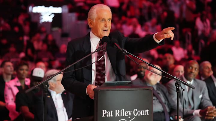Oct 23, 2024; Miami, Florida, USA; Miami Heat president Pat Riley addresses the crowd during the Pat Riley Court dedication ceremony at halftime at Kaseya Center. Mandatory Credit: Jim Rassol-Imagn Images Oct 23, 2024; Miami, Florida, USA; Miami Heat president Pat Riley addresses the crowd during the Pat Riley Court dedication ceremony at halftime at Kaseya Center. Mandatory Credit: Jim Rassol-Imagn Images