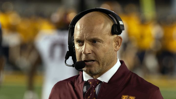 Sep 13, 2025; Berkeley, California, USA; Minnesota Golden Gophers head coach P.J. Fleck prepares for a game against the California Golden Bears at California Memorial Stadium. Mandatory Credit: D. Ross Cameron-Imagn Images Sep 13, 2025; Berkeley, California, USA; Minnesota Golden Gophers head coach P.J. Fleck prepares for a game against the California Golden Bears at California Memorial Stadium. Mandatory Credit: D. Ross Cameron-Imagn Images