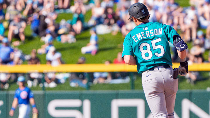 Seattle Mariners infielder Colt Emerson runs after a home run during a spring training game against the Chicago Cubs on March 8 at Sloan Park.