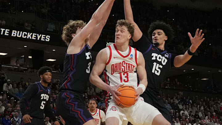 Mar 19, 2026; Greenville, SC, USA; /w13/ attempts to shoot the ball on TCU Horned Frogs David Punch (15) in the first half during the first round of the NCAA Tournament.