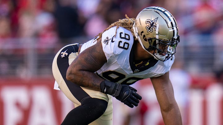 August 18, 2024; Santa Clara, California, USA; New Orleans Saints defensive end Chase Young (99) during the second quarter against the San Francisco 49ers at Levi's Stadium.