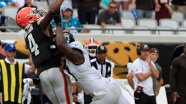 Jacksonville Jaguars defensive end Josh Hines-Allen (41) causes an incomplete pass on Cleveland Browns quarterback Deshaun Watson (4) during the fourth quarter of an NFL football matchup Sunday, Sept. 15, 2024 at EverBank Stadium in Jacksonville, Fla. The Browns defeated the Jaguars 18-13. [Corey Perrine/Florida Times-Union]