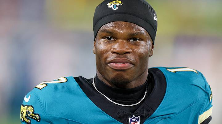Oct 6, 2025; Jacksonville, Florida, USA; Jacksonville Jaguars wide receiver Travis Hunter (12) looks on before a game against the Kansas City Chiefs at EverBank Stadium. 