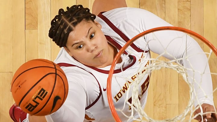 Iowa State Cyclones' center Audi Crooks (55) shoots the ball against West Virginia during the second quarter in the Big-12 women’s basketball on Jan. 11, 2026, at Hilton Coliseum in Ames, Iowa.
