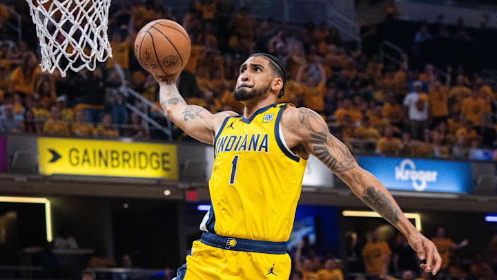 May 17, 2024; Indianapolis, Indiana, USA; Indiana Pacers forward Obi Toppin (1) shoots the ball during game six of the second round for the 2024 NBA playoffs against the New York Knicks at Gainbridge Fieldhouse. Mandatory Credit: Trevor Ruszkowski-USA TODAY Sports