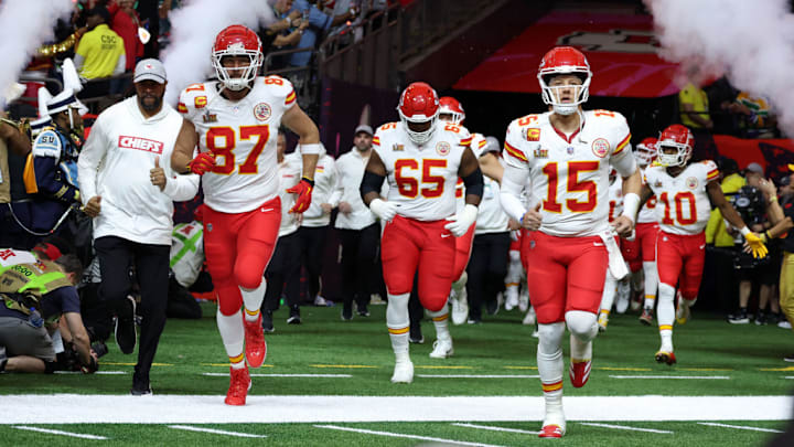 Kansas City Chiefs stars Travis Kelce, Trey Smith and Patrick Mahomes take the field for Super Bowl LIX.