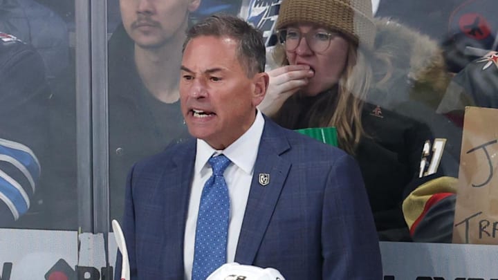 Mar 24, 2026; Winnipeg, Manitoba, CAN; Vegas Golden Knights head coach Bruce Cassidy looks on during a game against the Winnipeg Jets in the first period at Canada Life Centre. Mandatory Credit: James Carey Lauder-Imagn Images Mar 24, 2026; Winnipeg, Manitoba, CAN; Vegas Golden Knights head coach Bruce Cassidy looks on during a game against the Winnipeg Jets in the first period at Canada Life Centre. Mandatory Credit: James Carey Lauder-Imagn Images