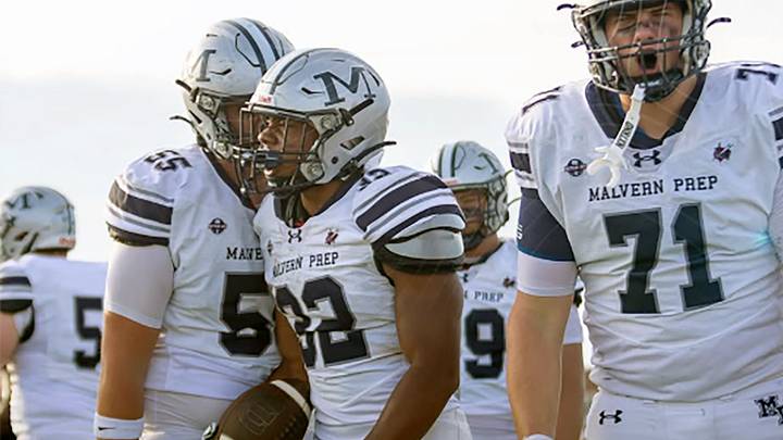 Malvern Prep's Julius Riddick (32) celebrates his second touchdown of the game as he help lead the Friars to a 21-0 win over La Salle College in a battle of Pennsylvania powers played in Ocean City, New Jersey.